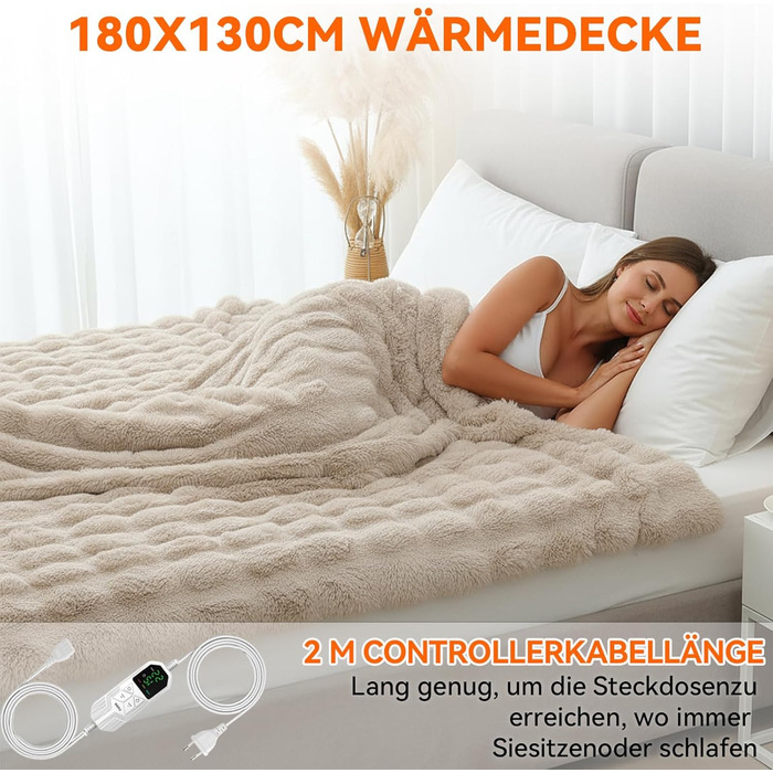 Електрична гріюча ковдра Warmfay з автоматичним вимкненням, 180 × 130 см, штучне хутро, теплий фліс, 8 режимів нагріву, таймер 1-12 годин, пральна, м'яка ковдра для ліжка та дивана - кольору абрикос