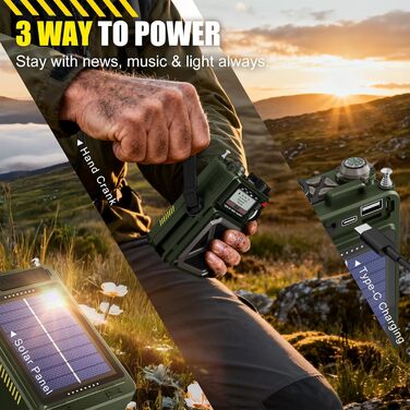 Портативне радіо DAB/DAB+ та FM з Bluetooth 5.3, сонячне радіо, радіо з ручним зарядним пристроєм, SOS, ліхтарик, роз'єм для навушників, SD-карта, USB, 4000 mAh, радіо для надзвичайних ситуацій, темно-зелене, з екраном