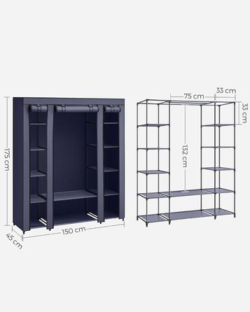 SONGMICS Clothes Closet, Fabric Closet, with Clothes Rod and Shelves, Fabric Cover, for Bedroom, Dressing Room, 150 x 45 x 175 cm, LSF03H (Navy Blue)