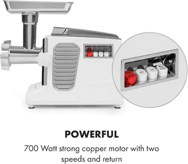 Klarstein Kraftprotz 700W Electric Meat Grinder - Copper Motor, 2 Speeds, Reverse, Aluminum Housing, Stainless Steel Blades