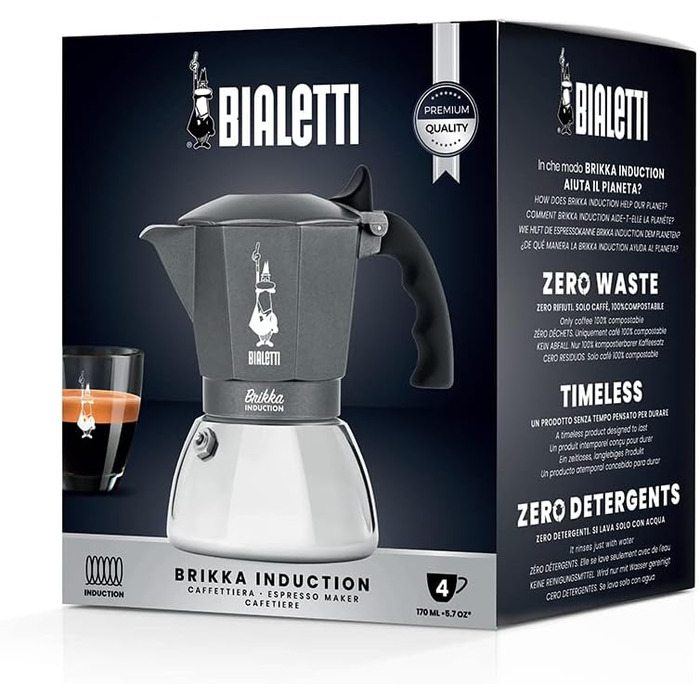 Bialetti Brikka Induction Coffee Maker, 4 Cups (170 ml), Espresso like at the bar, suitable for all stovetops, elegant design, Silver 4 cups BRIKKA INDUCTION Single