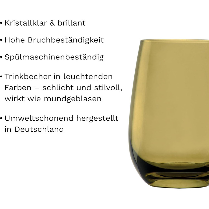 Stölzle Lausitz ELEMENTS Glasses 465 ml Olive I Drinking Glasses, Set of 6 I Dishwasher-Safe Glass Set I High Impact Resistance I Universal Glasses for Water, Juice, and Whiskey