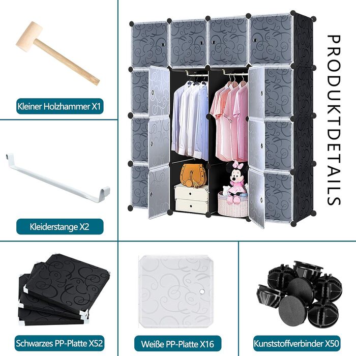 Wardrobe, Plastic Wardrobe, DIY Cube Wardrobe 20 Cubes, Shelf System Bedroom Wardrobe – Black, (140 x 35 x 140 cm)
