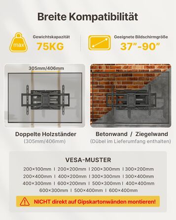 Настінна кріплення для телевізора monTEK, 37-90 дюймів, до 75 кг, з подвійними шарнірними руками, регулювання нахилу, поворот і витягування, VESA 600x400