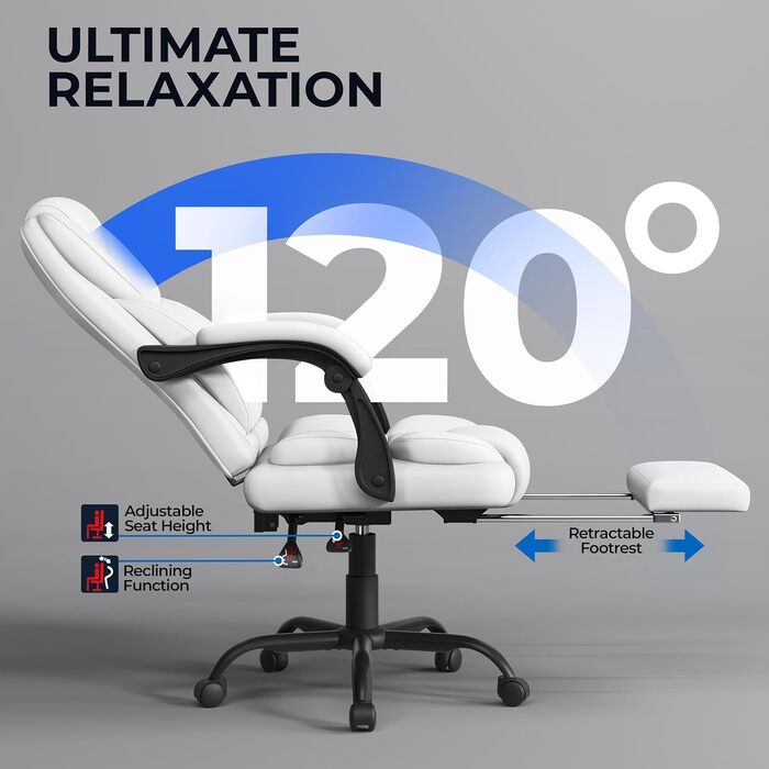 Ергономічне крісло Yaheetech для офісу, шезлонг з підставкою для ніг, комп'ютерне крісло з регульованими підлокітниками, висока спинка, регульована висота (Білий)