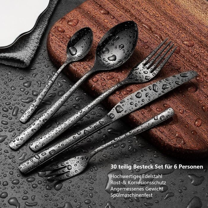 Black Cutlery Set, 6 People, 30-Piece, High-Quality Shiny Black, Stainless Steel Cutlery Set, Fork, Knife, Spoon Set, High-Gloss Polished Mirror Finish, Dishwasher Safe