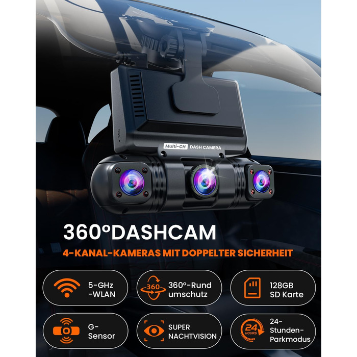 Автомобільний відеореєстратор 360° 4-канальний 2K+1080P, бездротовий з Wi-Fi та додатком, G-сенсором, 8 ІЧ-LED для нічної зйомки, карта пам'яті 128GB у комплекті