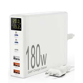 Зарядний пристрій USB 6 портів з LCD екраном GaN 180W для MacBook, iPad, iPhone 16/15/14/Pro/Max, Samsung Galaxy S23 - Білий