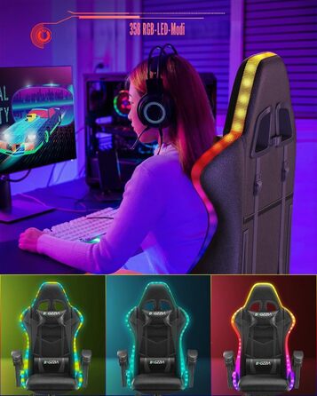Геймерське крісло Bigzzia з RGB підсвіткою, ергономічне для ПК, з підголівником, чорне