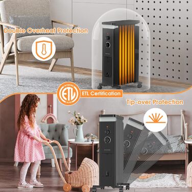 RELAX4LIFE Oil Radiator 1500W, Electric Heater with 7 Fins & 3 Heat Settings & Towel Rail, Electric Heater Energy-Saving, Electric Heater Overheat Protection & Tip-Over Protection, 5-35° C (Black)