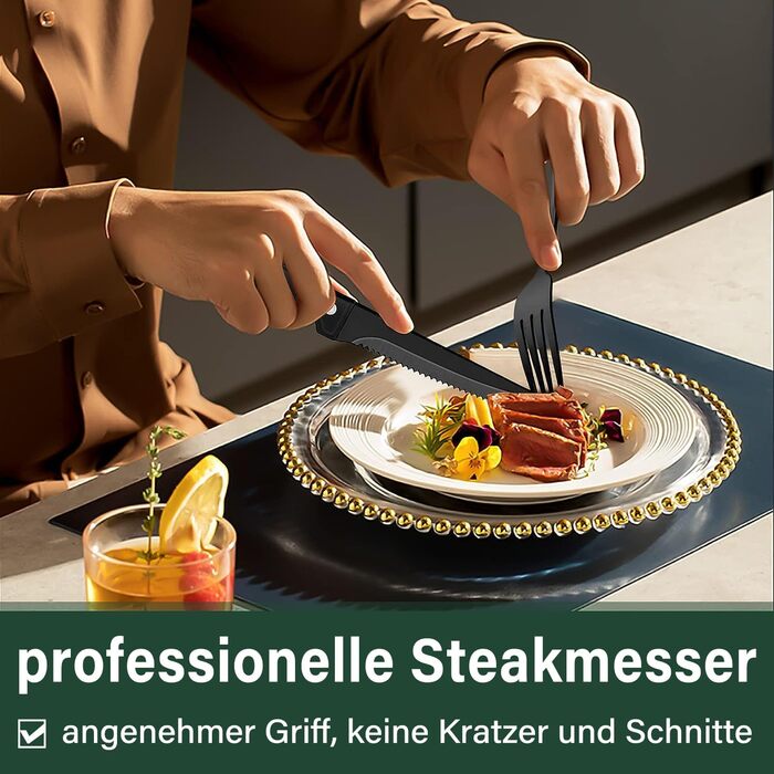 Cutlery Set 6 Persons Black, 36-Piece Stainless Steel Cutlery Set with Steak Knives, Dining Cutlery Set with Knife Fork Spoon, Elegant Tableware for Restaurant/Party, Dishwasher Safe