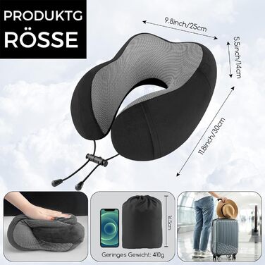 Подушка для шиї у літак CNMTCCO, регульована, з піною Memory Foam, ергономічна, з навушниками, маскою для очей, сумкою, для подорожей (літак, авто), чорна