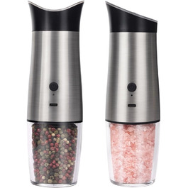Gravity Electric Salt and Pepper Grinder Set, USB Rechargeable, Automatic, One-Handed Operation, Grinder for Kitchen, Grill, Adjustable Coarseness, Silver, 2 Pieces