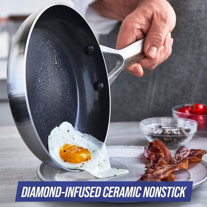 Набір посуду Blue Diamond Cookware 7-частинний з нержавіючої сталі з покриттям Diamant Verstärkte Keramik Antihaft, без PFAS, для індукційних плит, сумісний з духовкою та посудомийною машиною