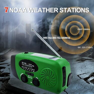 Радіо на сонячній батареї з ручним заводом 2000mAh, AM/FM/NOAA, зарядний пристрій для телефону з SOS, ліхтарик LED, вихід для навушників, портативний аварійний радіоприймач (Зелений)