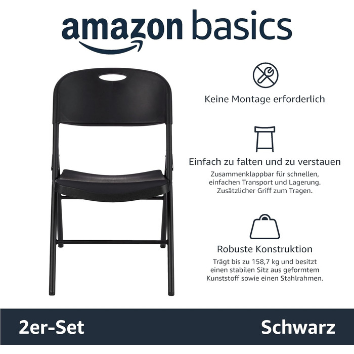 Складані стільці Amazon Basics з пластику та металу, 4 шт, чорні, для дому та вулиці, до 158 кг, для кухні та кемпінгу