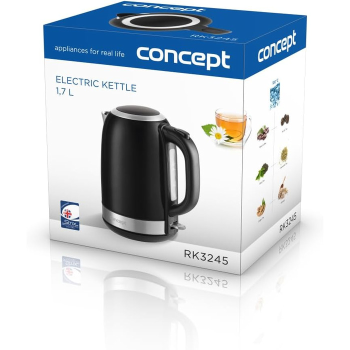 Електричний чайник CONCEPT RK3245 з нержавіючої сталі, чорний, 1.7 л, 2200 Вт