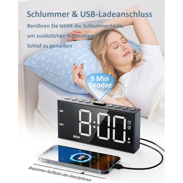 Digital Alarm Clock, Loud Vibration Alarm with Bed Shaker, Loud Alarm for Deep Sleepers, Large Display, Adjustable Volume & Brightness, Dual Alarm, Snooze, USB Charger, Easy Operation
