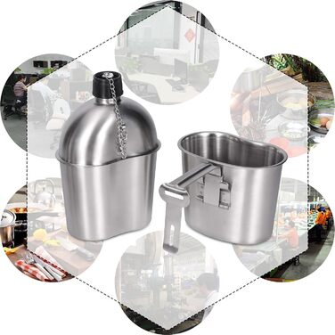Goetland Stainless Steel US Military Field Bottle Set 1.2l with 0.6l Cup Nylon Bag Water Bottle Cooking Pot Camping Cup (1 Liter with 0.5 Liter)