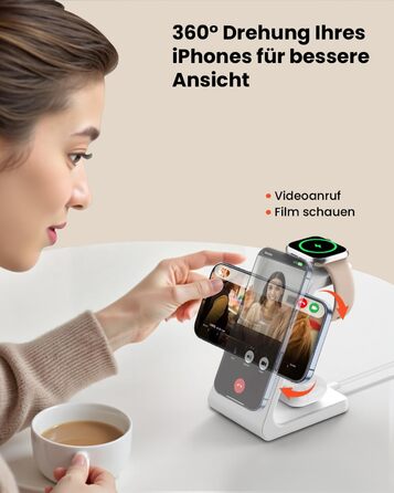 GEEKERA 3-в-1 зарядний пристрій Qi2 з MagSafe, 15W індукційна станція для iPhone 17/16/15/14/13/12, Apple Watch 11-2 та AirPods, білий/сірий