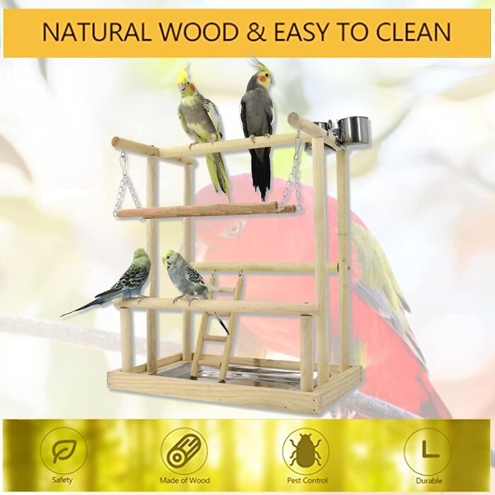 Bird Playground, budgie toys, bird play stand, bird gym, bird accessories, climbing frame with feeder cups, tray, swing for parakeets, canaries, finches, etc. (#8)