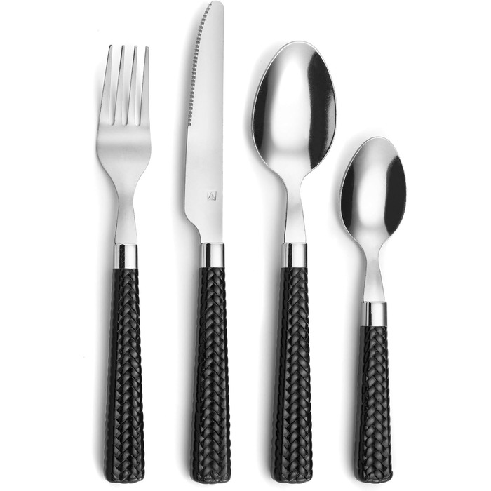 Amefa PAILLE Cutlery Set for 6 | Dinner Cutlery Set 24-Piece | Black Handles with Braided Design | Cutlery Set 18/0 Stainless Steel | Dishwasher-Safe Cutlery Set | 6 each of Fork, Knife, Spoon & Teaspoon