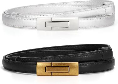 Жіночий шкіряний ремінь WERFORU - тонкий, регульований, з декоративною золотистою пряжкою. Довжина 105 см, підходить для розміру талії до 93 см (чорний+срібло)