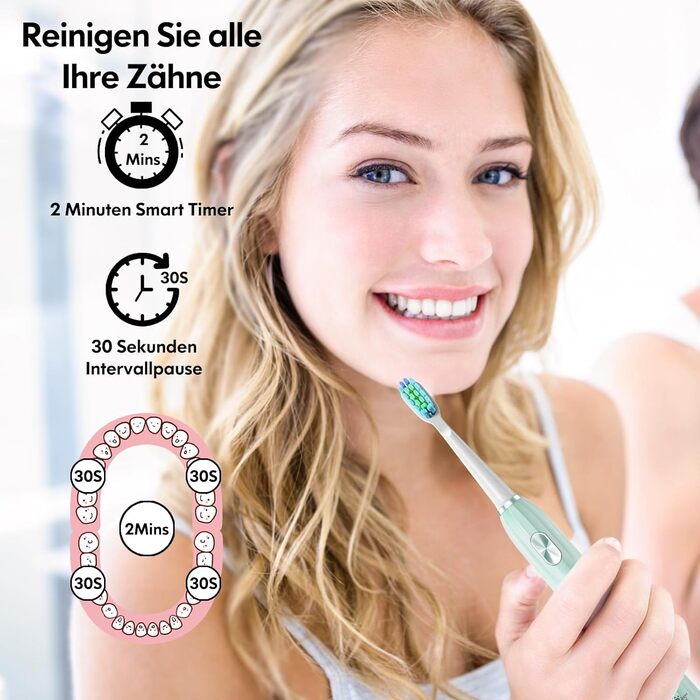 Електрична звукова зубна щітка для дорослих і дітей з 5 режимами чищення, таймером та 9 насадками (синя/зелена)