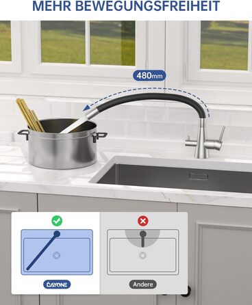 Кухонний змішувач Dayone з висувним виливом, нержавіюча сталь SUS304, високий тиск, 360° обертання, 2 функції, для кухні