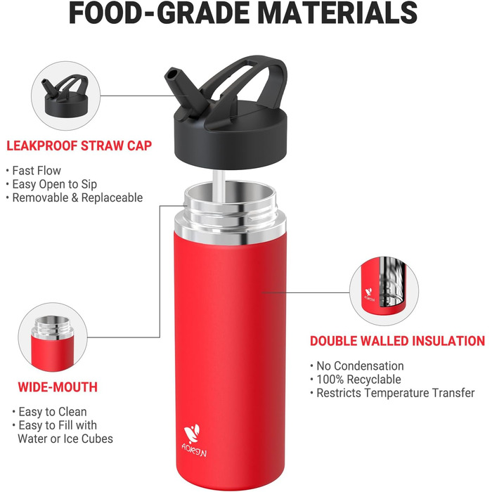 AORIN Stainless Steel Water Bottle, 500ml/750ml/1L Leak-Proof Water Bottle with Straw, BPA-Free Drinking Bottle for Kids, Vacuum Insulated Thermos for Sports, School, Fitness, Outdoor (750 ml, Red)