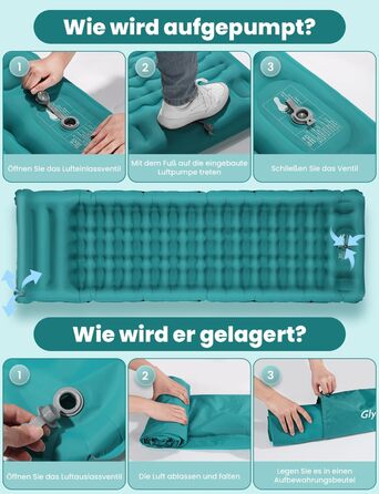 Glymnis Isomatte Camping Air Mattress - 9cm Thick, with Foot Pump & Pillow - Ultralight Outdoor Sleeping Pad for Camping, Hiking, Travel - Army Green/Turquoise