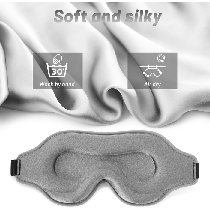 Маска для сну для чоловіків та жінок, 3D-контурна, блокує світло, з регульованим ремінцем, дихаюча та м'яка, для сну, йоги, подорожей (Сіра)