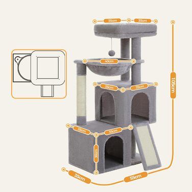 Дерев'яний будиночок для котів PETEPELA 104 см з гамаком, лежаком та когтеточкою (сірий)