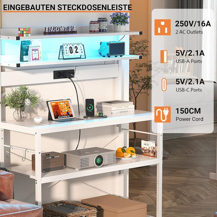 Кухонна полиця-стійка з розеткою, підставка для мікрохвильовки, 5-рівнева кавобара з LED-підсвічуванням, 80 см, білий колір