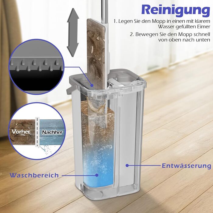 Набір для миття підлоги з відром, вичавлювач для підлоги, набір мопів 2 в 1 з регульованою ручкою з нержавіючої сталі та 6 мікрофібровими насадками, підходить для плитки та ламінату (моп з відром - білий)