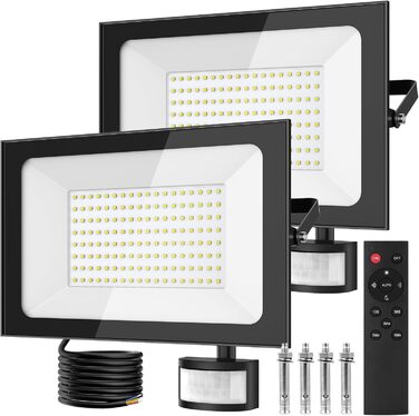 papasbox 2 Pack LED Floodlights with Motion Sensor and Light Sensor | Outdoor Floodlights/Spotlights with Remote Control | 6500K Cool White IP66 Waterproof Floodlights for Garden, Garage, Sports Field (150W, 2 Pack)