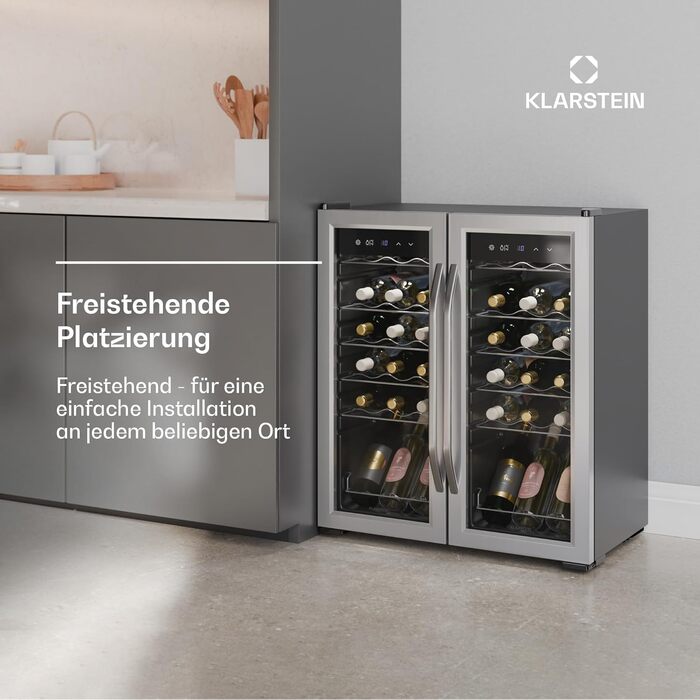 Klarstein 33-Bottle Freestanding Wine Refrigerator with Dual Zone Cooling & Glass Door - Indoor/Outdoor Beersafe with LED Lighting
