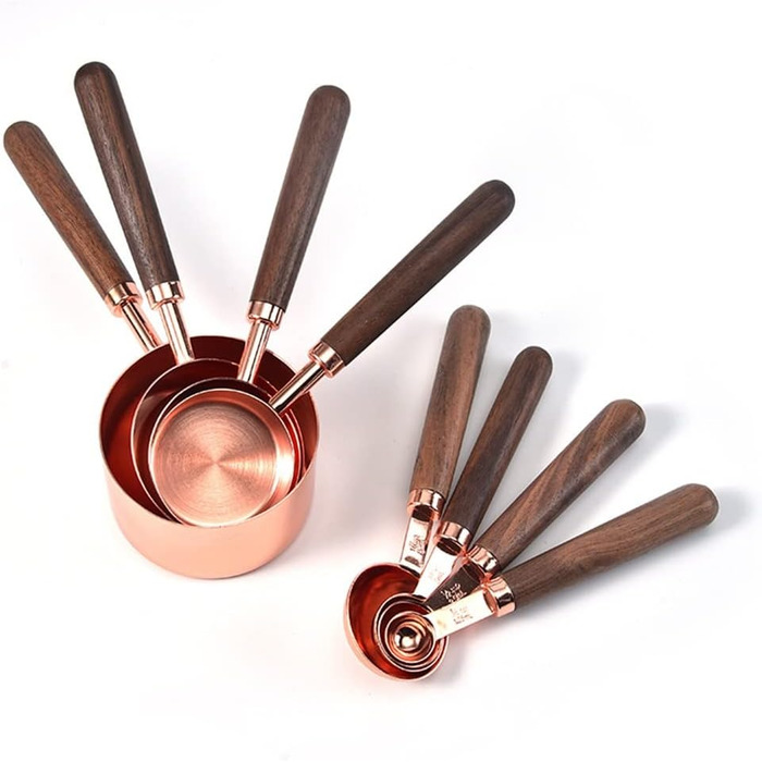FBHappiness 8-Piece/Charge Stainless Steel Measuring Spoon Set with Walnut Wood Handle, Copper Measuring Cup Set for Baking and Cooking (Color: A, Size A