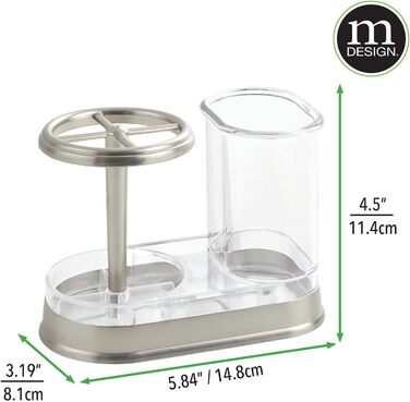 mDesign Toothbrush Holder - high-quality toothbrush cup made of plastic for bathroom sink or vanity - practical holder for toothbrushes and toothpaste - white and matte silver (Transparent/Brushed)
