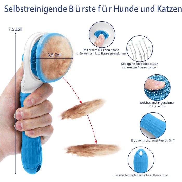 Набір щіток для собак, 5 шт. для грумінгу, самоочищувані, для великих та середніх собак, котів та дрібних тварин, для довгої та короткої шерсті, зменшує випадання шерсті, блакитний