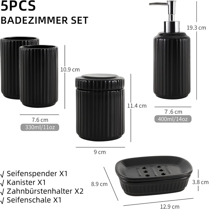 Набір для ванної кімнати NOVAJOY (5 шт.) з кераміки: органайзер, дозатор мила, мильниця, тримач для зубних щіток, контейнер для ватних паличок. Чорний колір.