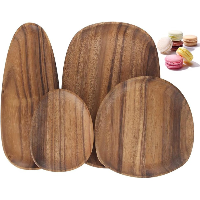 Set of 4 Serving Trays, Irregular Round Wooden Plates & Platters for Snacks, Cheese, Appetizers, Dessert, Sushi, Fruit, Salad, Wooden Serving Board