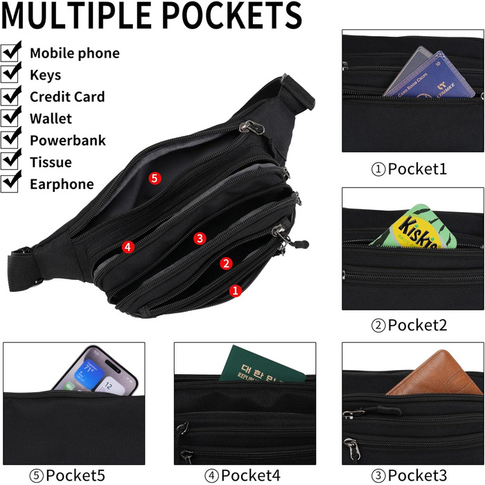 Чоловіча/жіноча поясна сумка на пояс, унісекс, 60 см, для подорожей, активного відпочинку, собак, чорна