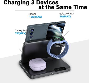 Бездротова зарядка 3-в-1 для Samsung Galaxy: S25/S24/S23/S22, Z Flip 6/5, Z Fold 6/5, Buds3 Pro/Buds3, Watch7/Watch Ultra/Watch6 (Чорний)