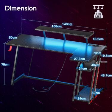 Ігровий стіл ODK L-подібний з LED підсвіткою, розетками, полицею та підставкою для монітора, комп'ютерний стіл з вуглецевого волокна, чорний, 140 см