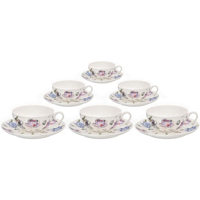 Tea cup set made of fine bone china porcelain. 6 teacups, each 150ml, and 6 saucers with a stylish cup design.