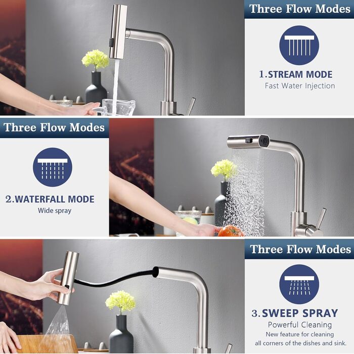 Висувна кухонна змішувач TIMACO з шлангом 360° з гнучким виливом, водопровідний кран для кухні, одноручний змішувач з водоспадом, шліфоване нікель
