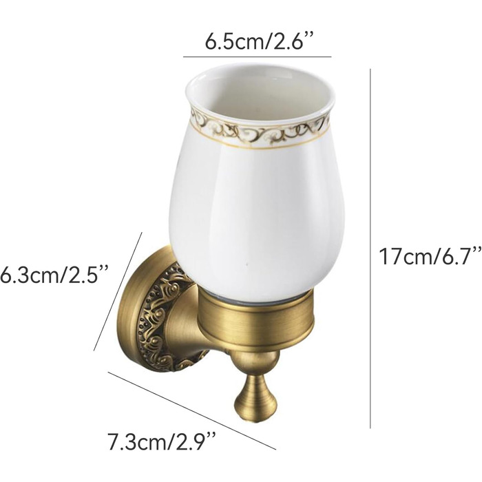 Brass toothbrush holder, antique bronze finish, cup holder with white ceramic cup, wall-mounted, bathroom accessories, patterned carved design