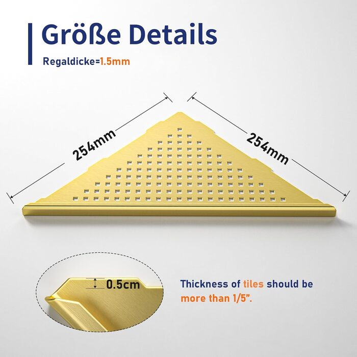 Полиця для душу Eck Duschregal з нержавіючої сталі 304, полиця для ванної кімнати з сітчастою конструкцією для плитки, вбудована полиця для ремонту ванної кімнати (щітка, 254 мм - 2 шт) (254 мм-2, золотий)