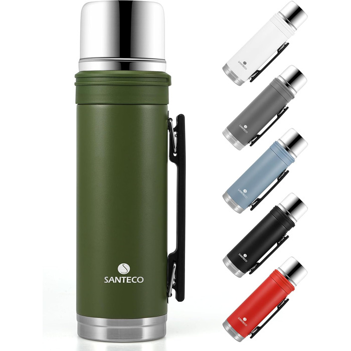 SANTECO 1L Stainless Steel Thermos Flask with Cup - Insulated Leak-Proof Travel Thermos for Hot & Cold Drinks - BPA Free (Green, 1000ml)